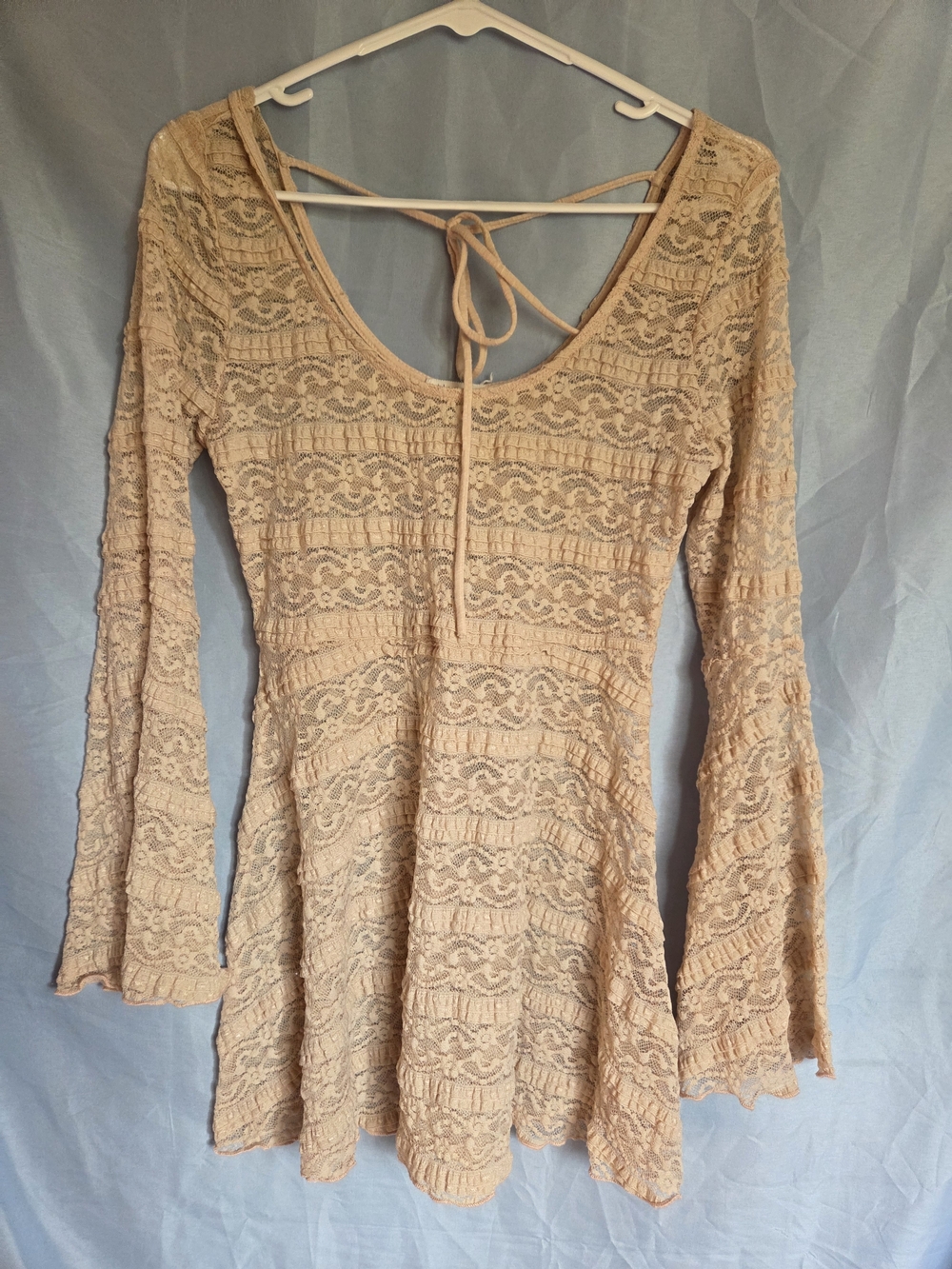 Blu Pepper Beige Lace Long Sleeve Scoop Back Dress